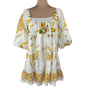 NWOT Farm Rio Floral Off-White Cashew Puff-Sleeve Mini-Dress Size L